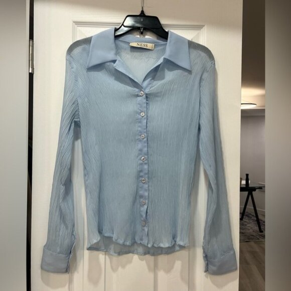 Baby Blue Sheer Textured Button Up Soft Girl Cottagecore M Stretchy - Picture 1 of 5